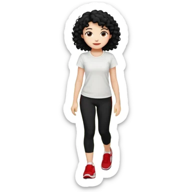 generate a pretty bratz fair skinned girl with curly black hair wearing a white tshirt trekking on a hill with red sneakers on and black leggings. Show HILLS around her sticker