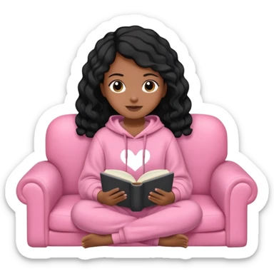 Una chica linda de cabello negro con ondas hasta los hombros de piel blanca con una sudadera rosa en un sofá cómodo y hermoso leyendo la biblia sticker