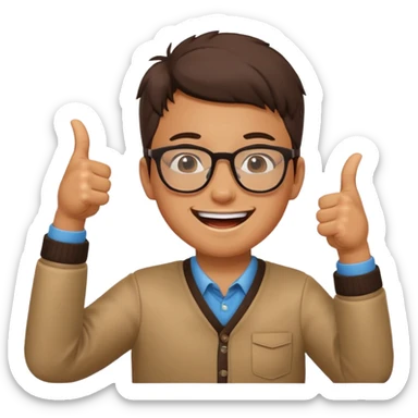 un estudiante que este parado con sus lentes guiñando el ojo y CON LAS MANOS HACIA ARRIBA DANDO LIKE sticker