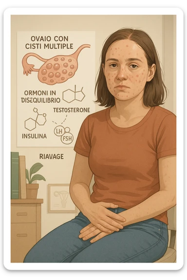 Donna tra i 25 e i 35 anni, con espressione stanca ma determinata, seduta in uno studio medico o nella sua stanza, con mani sul basso ventre. Sullo sfondo un diagramma trasparente o fluttuante di ovaie con cisti multiple, ormoni stilizzati in disequilibrio (testosterone, insulina, LH/FSH). Leggeri segni visivi di sintomi tipici: acne sul viso, lieve aumento di peso, capelli leggermente diradati in zona frontale. Ambiente realistico ma con elementi educativi e simbolici. Toni tenui ma caldi, stile empatico e informativo. in italiano sticker
