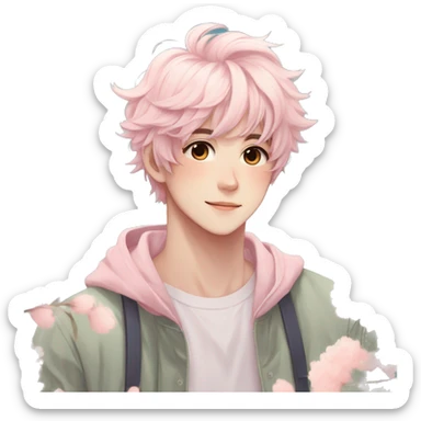 Gorgeous pastel anime style shojo guy with blushing face and flowers aesthetic trending style outside sticker