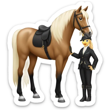 Un cheval Palomino qui cours il a un tapis noir à paillettes sur le dos, sa cavalière qui est sur lui est une fille blanche avec les cheveux marrons elle porte un pantalon noir et une veste de sport noír sticker