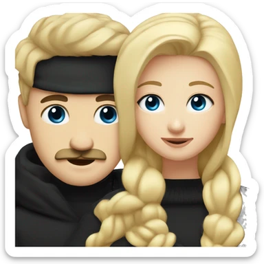 Blonde girl with blue eyes in black sweater and man with black hair and mustache and dark eyes hugging sticker