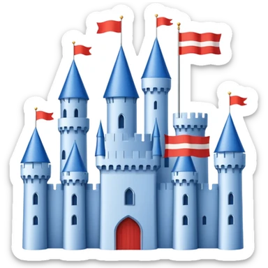 The flag has a yellow background with four horizontal red stripes running across it. In the upper left corner, there is a blue rectangle containing a white, stylized castle with three towers, the middle tower being taller than the others. sticker