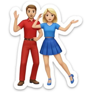 Two people dancing. Man in red shirt and pants with brown hair. Women in blue shirt and skirt with blond hair. sticker