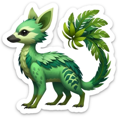  Tropical feathery shamanic cultural Greenish beautiful handsome gorgeous aesthetic colorful vibrant Vernid-Trico-species-Fakemon-creature by LiLaiRa, 4 legs, 1 tail, random markings, (full body) sticker