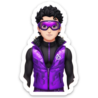 male athlete with white skin and moderately curly black hair on top with shaved sides, wearing ski goggles with purple frames and very dark black lenses, a simple plain black chain necklace, and a completely unzipped shiny vest with purple and black sequin fire pattern design, fully revealing his chest and abs, no earrings sticker