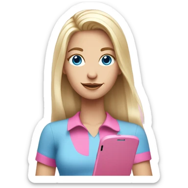 a white blond hair girl with blue eyes wearing a pink shirt holding a pink cell phone sticker