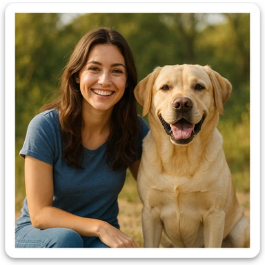 brunette girl sitting beside a yellow labrador dog, both smiling, relaxed and happy moment, natural outdoor background sticker