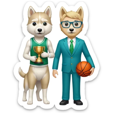 Full Body white husky male  wearing glasses with a goatee with dirty blond very short hair basketball head Coach in blue and green suit holding trophy sticker