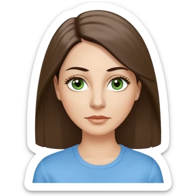 43. year old Adult woman avatar, light skin tone, long, oval face, long straight ashy brown hair, green almond-shaped eyes with dramatic eyelashes and minimal eyeliner, neutral mouth, medium straight eyebrows, small nose, smooth skin, sky blue shirt sticker