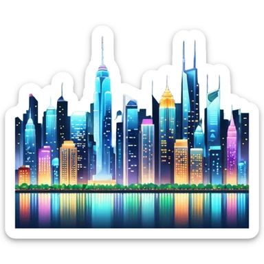 8k quailty, extremely high resolution. Stunning bustling city skyline at night, with detailed towering buildings, detailed colorful lights, urban-themed sticker