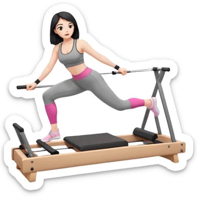Create a Pilates emoji: a girl with fair skin and black hair, wearing a grey bra and grey leggings with pink pilates socks, on all fours on a wooden reformer. Make it look at the reformer. Make the colors neutrals. sticker