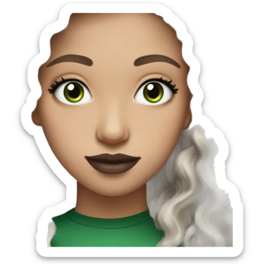 white 25-year-old pretty girl with very green eyes and black long curly hair, cute earrings, and green v-neck top, and mascara and mauve lipstick sticker