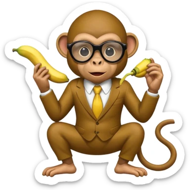 Make a suspicious emoji  that looks like a monkey in a mafia with mafia fully black glasses covering the eyes eating a banana in monkey pose sticker