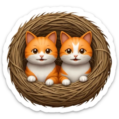 two happy cats in a bird's nest, emoji style, looking at each other, cozy sticker
