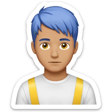 Make me an emoji that has a guy with a white shirt and yellow tape around the shirt with brown and blue hair  sticker