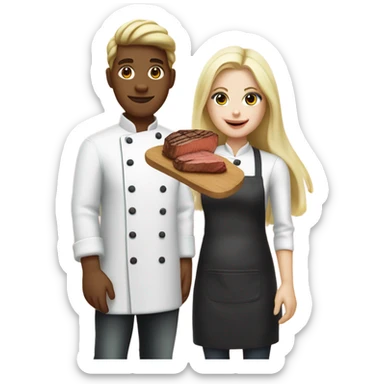 20 year old white skin Blonde couple eating steak girl with long hair in chef outfit  sticker