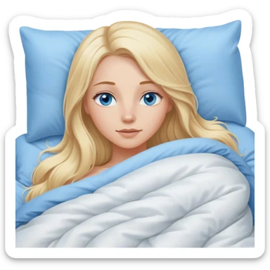 Cinematic realistic blonde with long hair, blue eyes and delicate features, lying in a cozy, soft bed, covered with a duvet sticker