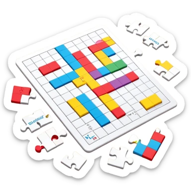 A colorful puzzle piece, a crossword magazine, a 3D puzzle, and a partially completed puzzle picture on a table. Bright colors, minimalist design, modern style. Transparent background, suitable for puzzles and brain games. sticker