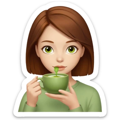 beautiful brunette with a slightly auburn hair color, with dark hazel eyes (let's call her kami), sipping matcha sticker