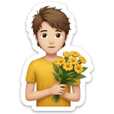 generate an ios genmoji of a 20 year old fair boy with brown long and messy hair with faint beard on cheeks. carrying a flower bouquet, wearing a yellow tshirt, looking shy.  sticker