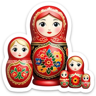 Wood painting icon, painted wooden matryoshkas (nesting dolls) of various sizes, vase, small wooden box, visible carving tools, paintbrushes, traditional patterns in bright colors like red, gold, and black, no finished artwork, just the crafting process, minimalistic style, clean lines, transparent background. sticker
