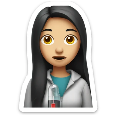 A woman with long dark hair with a thermometer in her mouth and sad look on face sticker