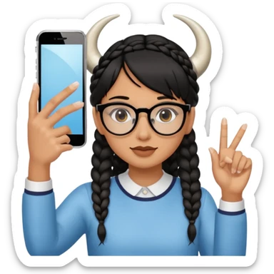 He has braid bangs on one side of his black hair, and he's wearing horn-rimmed glasses and taking a mirror selfie with his iPhone white color sticker