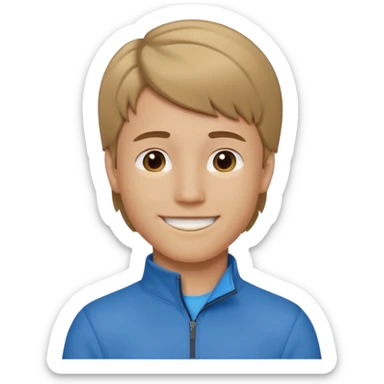 boy with dark blonde hair in a mullet with a neat blue undershirt and brown quarter zip sticker