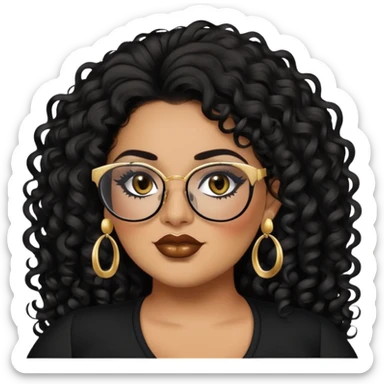 big plus size, latina, darker tan skin, long black curly hair, baddie,pretty, makeup, lipliner, black eyeliner, long hair, gold earrings, black top, black glasses sticker
