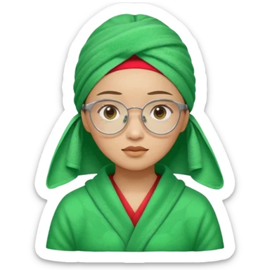 Asian woman wearing a green towel in her head with a broken glasses on her face in red pajamas sticker