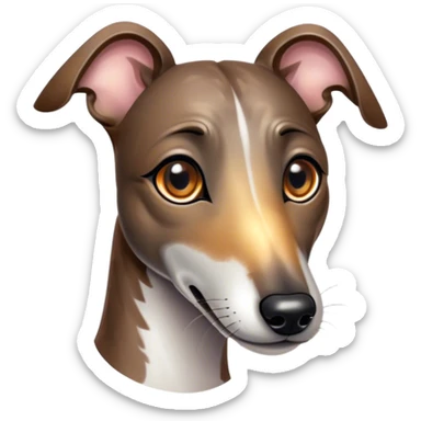 Cinematic Cute Brindle Greyhound Portrait Emoji, Head tilted playfully and inquisitively, featuring a sleek brindle Fur with subtle variations and round, sparkling eyes filled with curiosity, Simplified yet irresistibly adorable features, highly detailed, glowing with a warm, friendly glow, high shine, affectionate and nimble, stylized with a touch of whimsy, bright and endearing, soft glowing outline, capturing the essence of a mischievous yet loving companion, so playful it feels like it could sprint out of the screen and into your arms! sticker