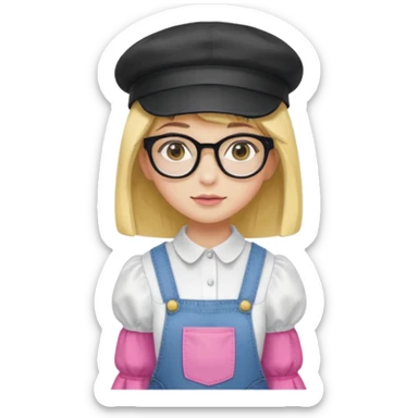 A yellow-skinned girl with medium-long straight hair, flat bangs, black frame glasses, a white puffy sleeve doll shirt, blue jeans and pink shoes, and a black painter's hat. sticker