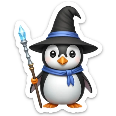 a cute penguin wizard with a pointy hat and a magic wand sticker