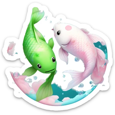 Pisces Two realistic green and blue the other pink and white koi fish swimming in circle ying yang cloudy dreamy bubbles  sticker