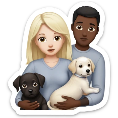 Blond white girl with dark black guy black hair and a baby with 1 dog medium size white and gray and 1 dog large dark brown and white sticker