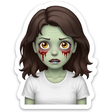 zombie girl who has wavy dark brown hair and a white t shirt sticker