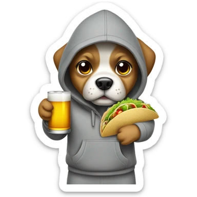 Dog standing wearing a grey hoodie with his hands in his pockets holding a beer and tacos sticker