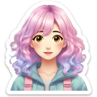 Gorgeous anime style shojo character with blushing face aesthetic and pretty colorful shiny gradient pastel hair with hair garment trending style sticker