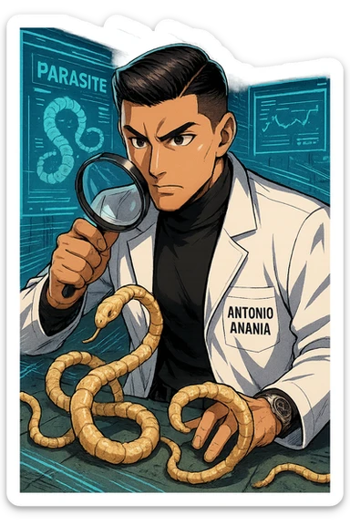 A dynamic manga/webtoon-style illustration of a young male kinesiologist wearing a clean white lab coat, analyzing light beige worms like a tapeworm under a magnifying glass. His expression is focused and slightly intrigued, with sharp, detailed eyes. The art style is vibrant, with bold linework, rich colors, and dramatic lighting. The background is a futuristic laboratory with glowing holographic screens displaying parasite data. The tapeworm is intricately drawn, slimy and segmented, with a slightly exaggerated yet realistic texture. The composition is dynamic, with motion lines or energy effects to emphasize his scientific investigation. The atmosphere is intense but not dark, keeping a balance between scientific seriousness and stylish manga aesthetics, he has "ANTONIO ANANIA" WRITTEN ON WHITE LAB COAT sticker