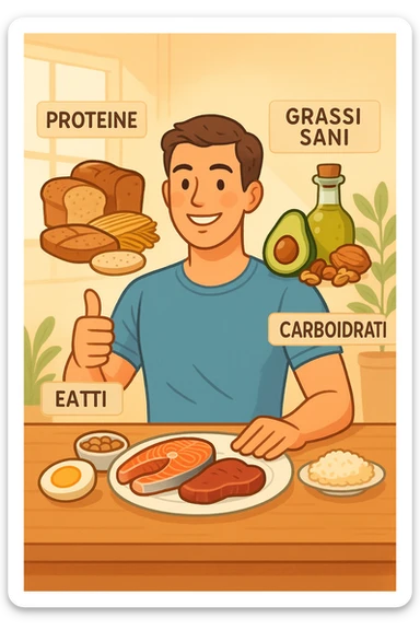 uomo che fa alimentazione attraverso i giusti macronutrienti. Scritte in ITALIANO sticker