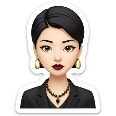 “Emoji girl, sculpted contour, bold dark lipstick, defined brows, sharp eyeliner, sleek black hair updo, statement necklace, black blazer.” sticker