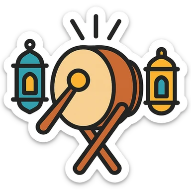 colorful icon of a drum with sound waves and Ramadan lanterns, representing 'tung tung tung sahur' sticker