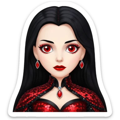 Countess Dracula from Universal Monsters with long jet black hair, black and red sequin outfit  sticker