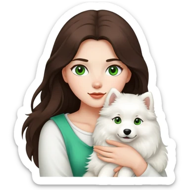 A brunette girl with long hair and green eyes holding a samoyed  sticker