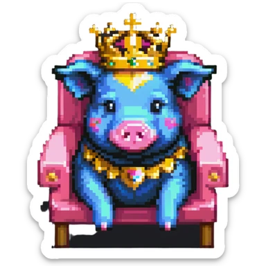 cartoon-like pixel art pig with a golden crown sitting on a throne, blocky and square like Minecraft, styled to look like LEGO Duplo blocks, chunky, colorful, simple sticker