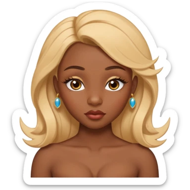 darkskin female with eyebrows that are naturally shaped and frame eyes well, eyes that are almond-shaped with defined lashes. nd lips are full with a defined cupid’s bow, add also a septum piercing that adds an edgy, stylish flair. a middle-part, honey blonde bust-down with laid baby hairs sticker