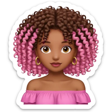 A brown skin girl with a curly 4C hair and she has a pink off shoulder top, sticker