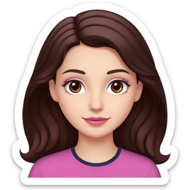 Tom de pele: clara com fundo rosado
Cabelos: longos, castanho escuro, levemente ondulados
Sobrancelhas: bem definidas e cheias
Olhos: castanhos claros (podem ser destacados com brilho)
Traços marcantes: lábios cheios e sorriso suave sticker